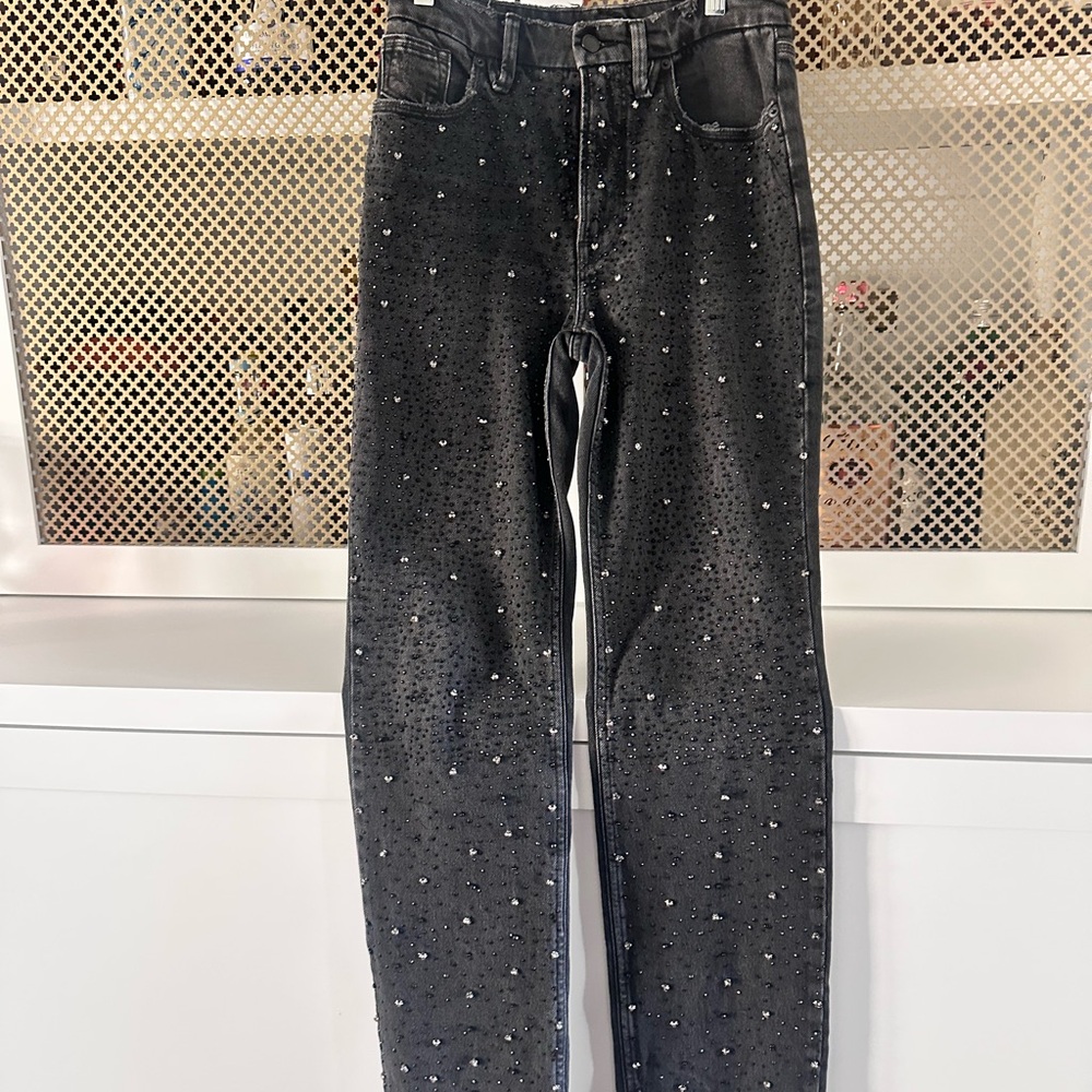 Good American Black Embellished Straight Leg Jeans